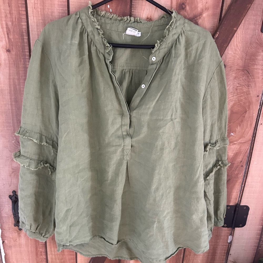 Ivy Jane  Olive Green Linen Boho Blouse Raw Edge Collar Puff Sleeves L Linen
